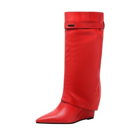 Wedge 3 inch High Heeled 2023 Mid Calf Boot For Women Pointed Toe Riding Red Going Out Shoes Comfortable