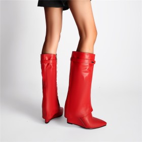 Wedge 3 inch High Heeled 2023 Mid Calf Boot For Women Pointed Toe Riding Red Going Out Shoes Comfortable