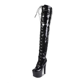 Gefütterte Mode Schnürstiefel Plateau Lack Schwarze Mit 15 cm Hohe Absatz Stiletto Overknee Stiefel