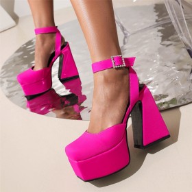 Platform With Ankle Strap Satin Sandals Block Heels 2023 Square Toe Dressy Shoes Elegant 14 cm High Heel