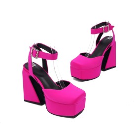 Platform With Ankle Strap Satin Sandals Block Heels 2023 Square Toe Dressy Shoes Elegant 14 cm High Heel