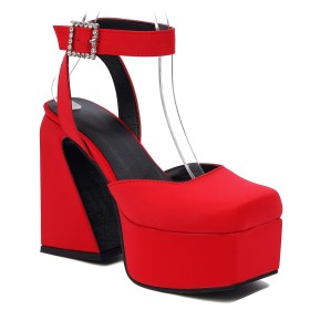 With Ankle Strap Elegant Chunky Heel Dress Shoes Sandals High Heels Satin Classic Platform Block Heel Red