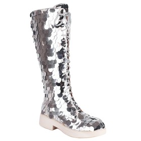 Round Toe Flats Knee High Boots For Women Sequin Multicolor Lace Up Tall Boot Gradient Sparkly
