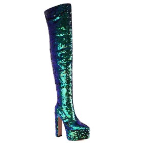 Moda Tacco Largo Multicolore Plateau Stivali Alti Con Pelo Interno Glitter Pole Dance Con Tacco Alto Scarpe Da Sera