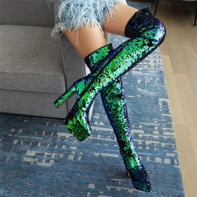 Over Knee Boots Sparkly Pole Dancing Shoes 6 inch High Heel Block Heels Multicolor Ombre Chunky Heel Tall Boots