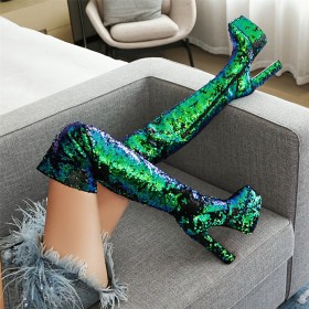 Gevoerde Veelkleurig 15 cm Highheel Overknee Boots Plateau Glitter Ombre Sparkle Hoge Laarzen Spitse Neus Paaldans Feest