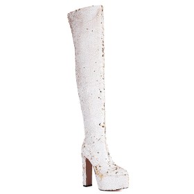 Glitter Gradient Overknee Boots Lange Laarzen Dames Sparkle Winter 15 cm High Heel Veelkleurig Wit