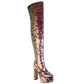 Tall Boot Block Heel Gold 6 inch High Heel Sparkly Pole Dancing Shoes Glitter Closed Toe Pointed Toe Chunky Heel Fashion Gradient Over Knee Boots Evening Party Shoes