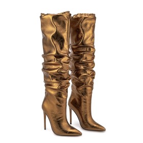 Slouch High Heel Fashion Metallic Tall Boots Faux Leather Stiletto Heels Sparkly Closed Toe Knee High Boot