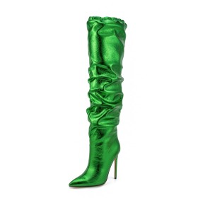 Green Slouch Knee High Boot For Women Stiletto Metallic Faux Leather Stretchy High Heel Modern Tall Boots