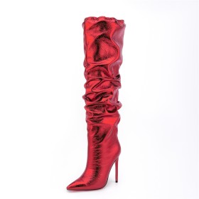 Slouch Sparkly Metallic Fashion Red Knee High Boot For Women Stretchy Tall Boot Faux Leather Pointed Toe 12 cm High Heeled