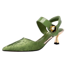 Low Heeled Kitten Heel Business Casual Stiletto Heels Womens Sandals Green Patent Leather Elegant