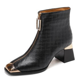 Classic Beautiful Leather Fur Lined Thick Heel Embossed Patent Block Heel Ankle Boots Mid Heels Quilted