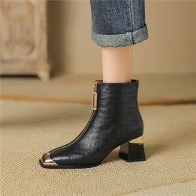 Classic Beautiful Leather Fur Lined Thick Heel Embossed Patent Block Heel Ankle Boots Mid Heels Quilted