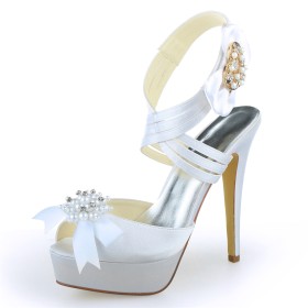 Bowknot Strappy Pearl Sandals Stiletto Wedding Shoes For Women Platform Heel White Sweet Heart Open Toe 13 cm High Heels