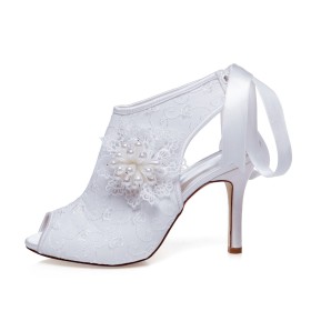 Chaussure De Soirée Blanche Brodé À Lacets Bottines Talon Haut 9 cm Fleurs Bout Ouvert Satin Chaussure De Mariée