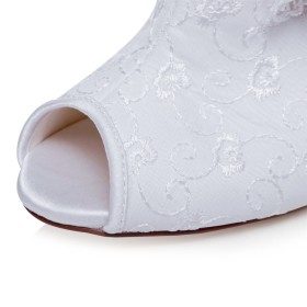 Chaussure De Soirée Blanche Brodé À Lacets Bottines Talon Haut 9 cm Fleurs Bout Ouvert Satin Chaussure De Mariée
