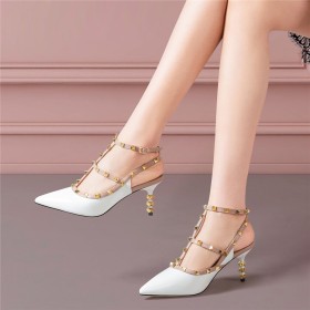 7 cm Heel Gladiator White Natural Leather Stylish Designer Womens Sandals Party Shoes Studded