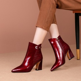 Dressy Shoes Fur Lined 3 inch High Heel Patent Leather Business Casual Ankle Boots Burgundy Leather Elegant Pointed Toe Chunky Heel Fashion
