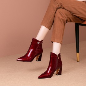 Dressy Shoes Fur Lined 3 inch High Heel Patent Leather Business Casual Ankle Boots Burgundy Leather Elegant Pointed Toe Chunky Heel Fashion