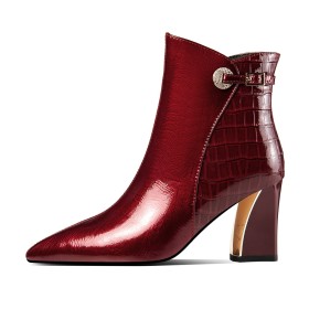 Dressy Shoes Fur Lined 3 inch High Heel Patent Leather Business Casual Ankle Boots Burgundy Leather Elegant Pointed Toe Chunky Heel Fashion