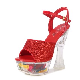 Moda Con Cinturino Alla Caviglia Tacco Largo A Fiori Glitter Platform 15 cm Tacchi Alto Sandalo