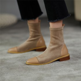 Sock Round Toe Chunky Heel 1 inch Low Heel Classic Comfort Fur Lined Suede Vintage Booties For Women