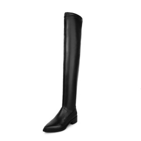 Stretchy Flat Shoes For Women Classic Thigh High Boot Leather Winter Black Comfortable Pointed Toe