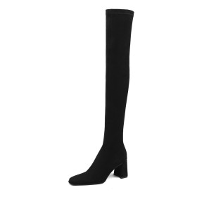 Botte Cuissarde A Talon Haut 8 cm Chaussettes Bottes Hautes Confort Suede Boots Femme Talons Carrés Bout Carré