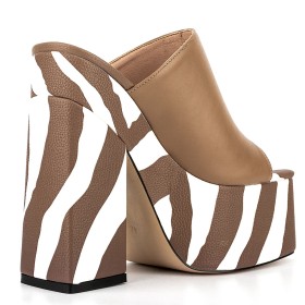 Sandals For Women 15 cm High Heel Brown Platform Chunky Heel Going Out Shoes Block Heels Mules Zebra