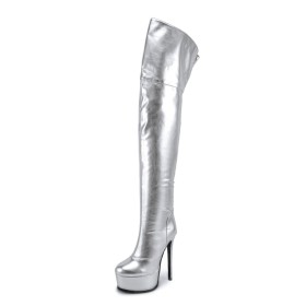 Lak Zilveren Sparkle Gevoerde Laarsjes Plateau Metallic Stilettos Met Rits Overknee Laarzen Klassiek 16 cm Extreem Hoge Hakken