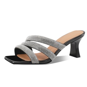 Strappy Slip On Dressy Shoes Sparkly Womens Sandals Elegant Fashion Stilettos Mid High Heeled Peep Toe Rhinestones