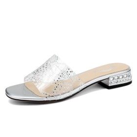 Confortable Habillées Talon Epais Brillante Paillettes Bout Ouvert Talon Carré Transparente Talon 3 cm Sandale Femmes