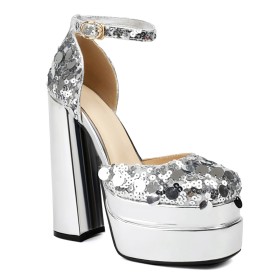 Sequin Belt Buckle Block Heel Chunky Heel Metallic 6 inch High Heel Sandals Platform Sparkly With Ankle Strap