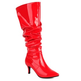 Red Stilettos Pointed Toe Classic Thigh High Boot For Women Tall Boots Metallic Sparkly 7 cm Heel