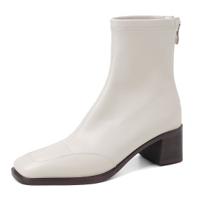 オフィス カジュアル ショートブーツ ヒール 太め ジッパー 革 ホワイト レトロ ローヒール