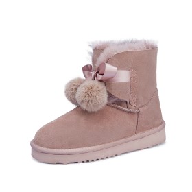 Bowknot Fur Suede Round Toe Comfort Ankle Boots Beautiful Pink Flats Fluffy