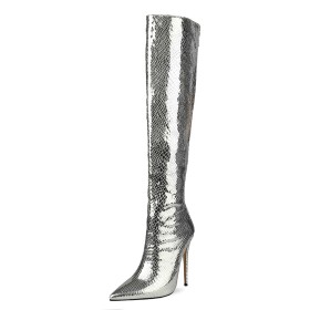 Sparkly Stilettos Knee High Boots Snake Printed 12 cm High Heel Metallic Riding Boots Fur Lined Tall Boot