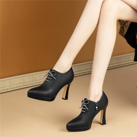 Black Elegant Classic High Heel Chunky Heel Shootie Leather With Bow Pointed Toe