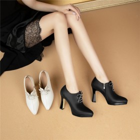 Black Elegant Classic High Heel Chunky Heel Shootie Leather With Bow Pointed Toe