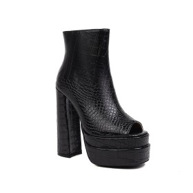 Classic Booties Patent Black Chunky Crocodile Printed 15 cm High Heels Platform Block Heels Faux Leather