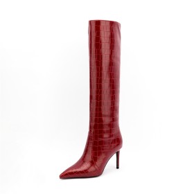 Patent Burgundy Faux Leather Tall Boot Embossed High Heel Crocodile Print Knee High Boot