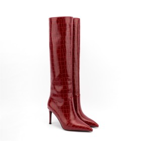 Patent Burgundy Faux Leather Tall Boot Embossed High Heel Crocodile Print Knee High Boot