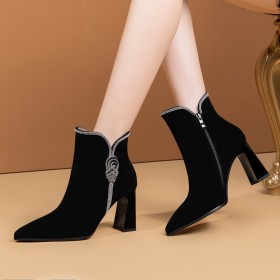 Black Dress Shoes Block Heel Pointed Toe High Heel Rhinestones Chunky Heel Beautiful Suede Ankle Boots For Women