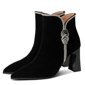 Black Dress Shoes Block Heel Pointed Toe High Heel Rhinestones Chunky Heel Beautiful Suede Ankle Boots For Women