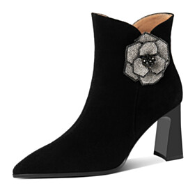 3 inch High Heel Suede Business Casual Shoes Booties For Women Leather Block Heel Flowers Black