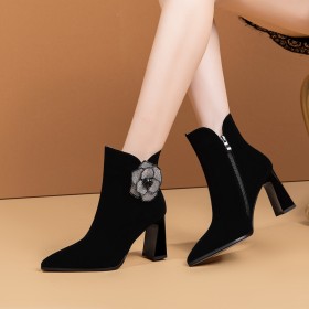 3 inch High Heel Suede Business Casual Shoes Booties For Women Leather Block Heel Flowers Black