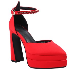 Beautiful Womens Sandals Red Satin Rhinestones Chunky 13 cm High Heels Going Out Footwear Formal Dress Shoes Block Heel Business Casual With Ankle Strap Summer Belt Buckle