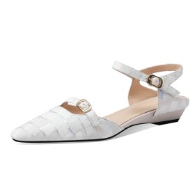 Flats Embossed Patent With Ankle Strap Comfortable White Sandals Pointed Toe Belt Buckle