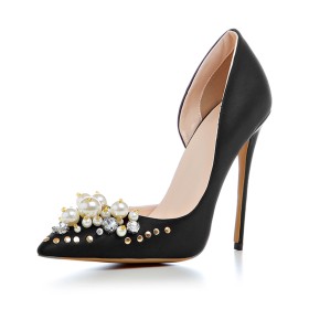Beautiful 12 cm High Heeled Stilettos Bridals Wedding Shoes Pumps Black Dress Shoes Pearls Evening Shoes Satin